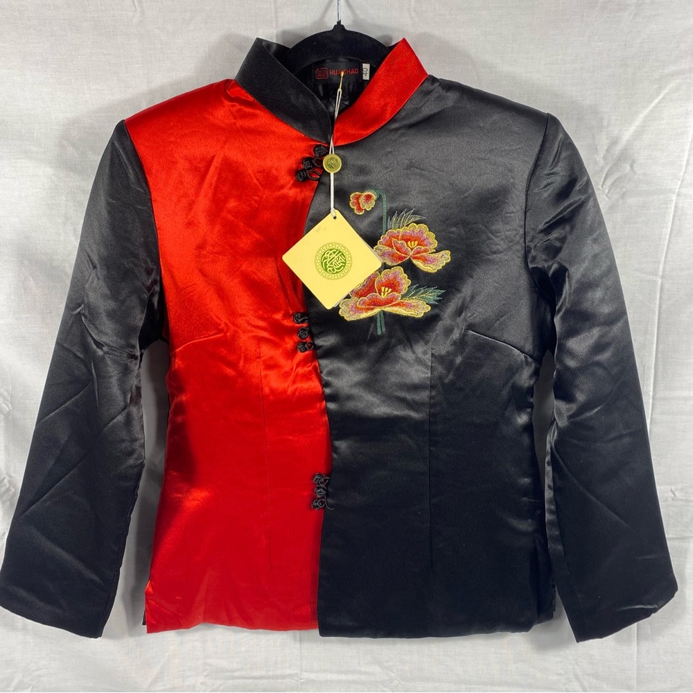 Oriental Silk Jacket Hua Shao Sz 40 Floral Black Red Vented Made In Hongkong NWT